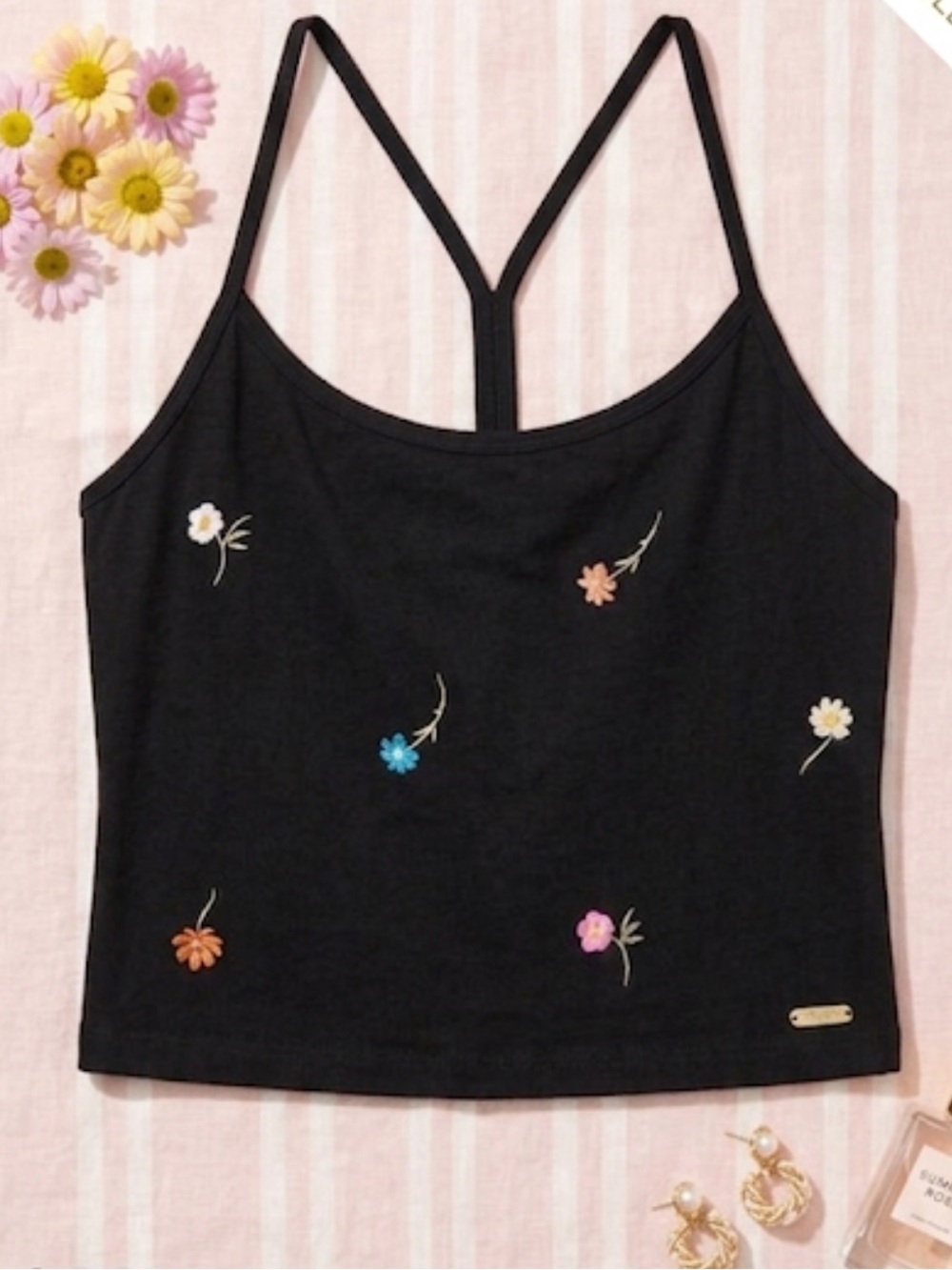 Pink Victoria’s Secret Black Floral Embroidered Cropped Tank Top Size Medium